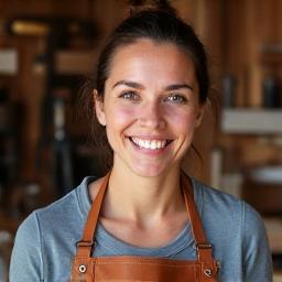 Ritratto artistico di Sofia Baldi, Maestra Falegname, sorridente nel suo laboratorio.