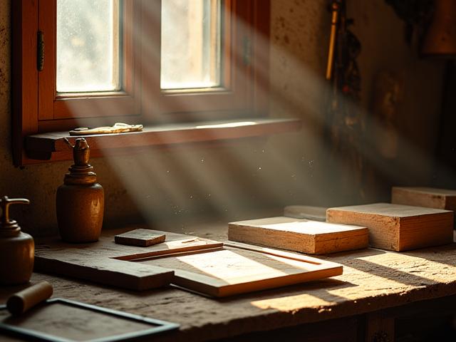 Antico laboratorio artigiano di Battito D'arte a Milano con attrezzi d'epoca e opere d'arte. Colori caldi, luce naturale.